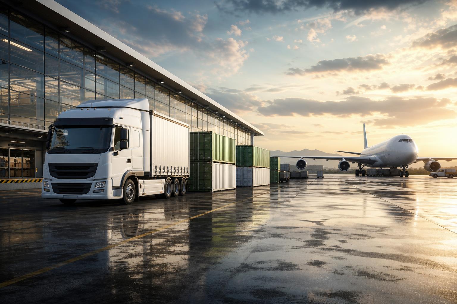 Modern logistics hub with truck, containers and cargo aircraft at golden hour